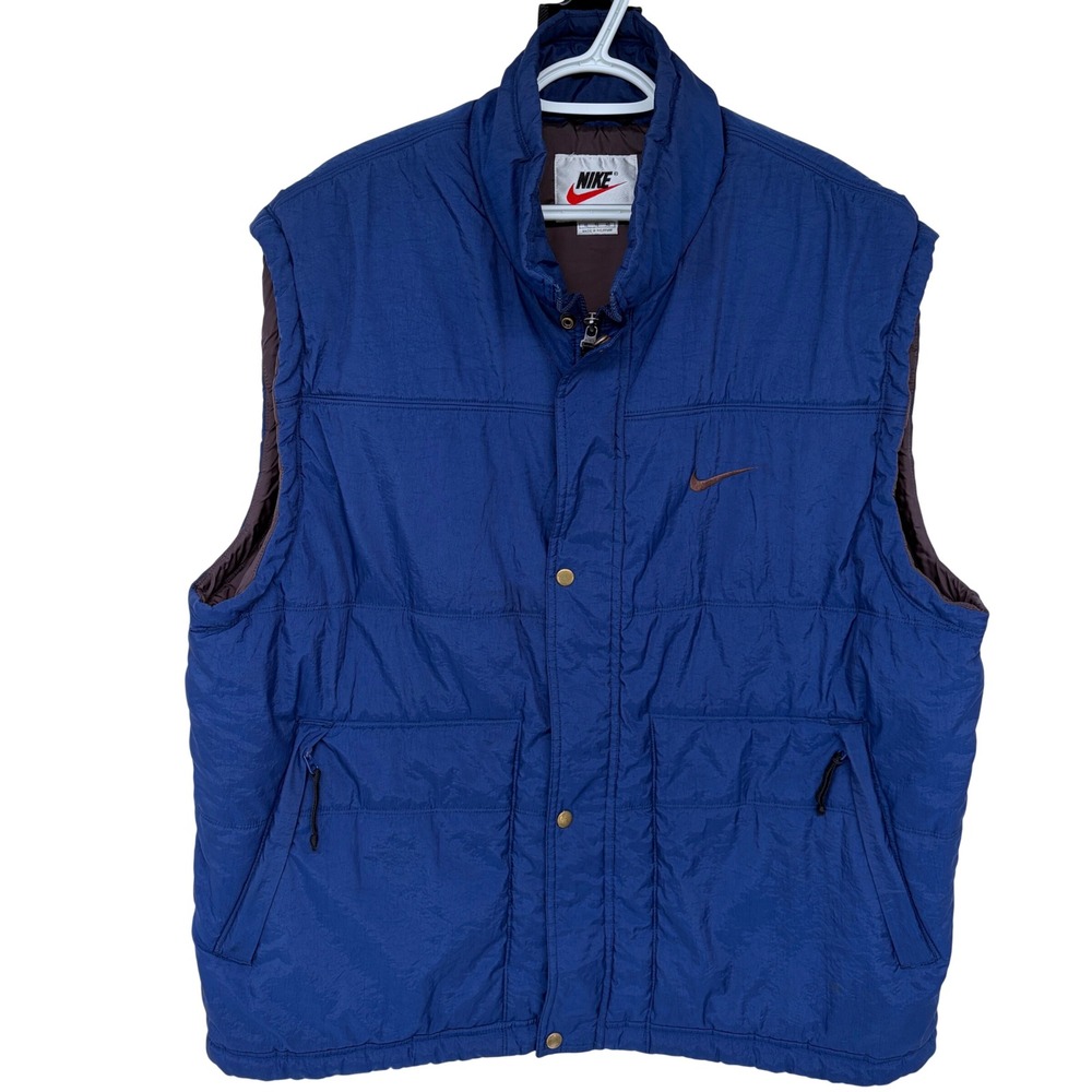 Vintage 90s Nike Puffer Vest XL Men's Blue 920220 KL4 Brown Swoosh‎ Winter Nylon
